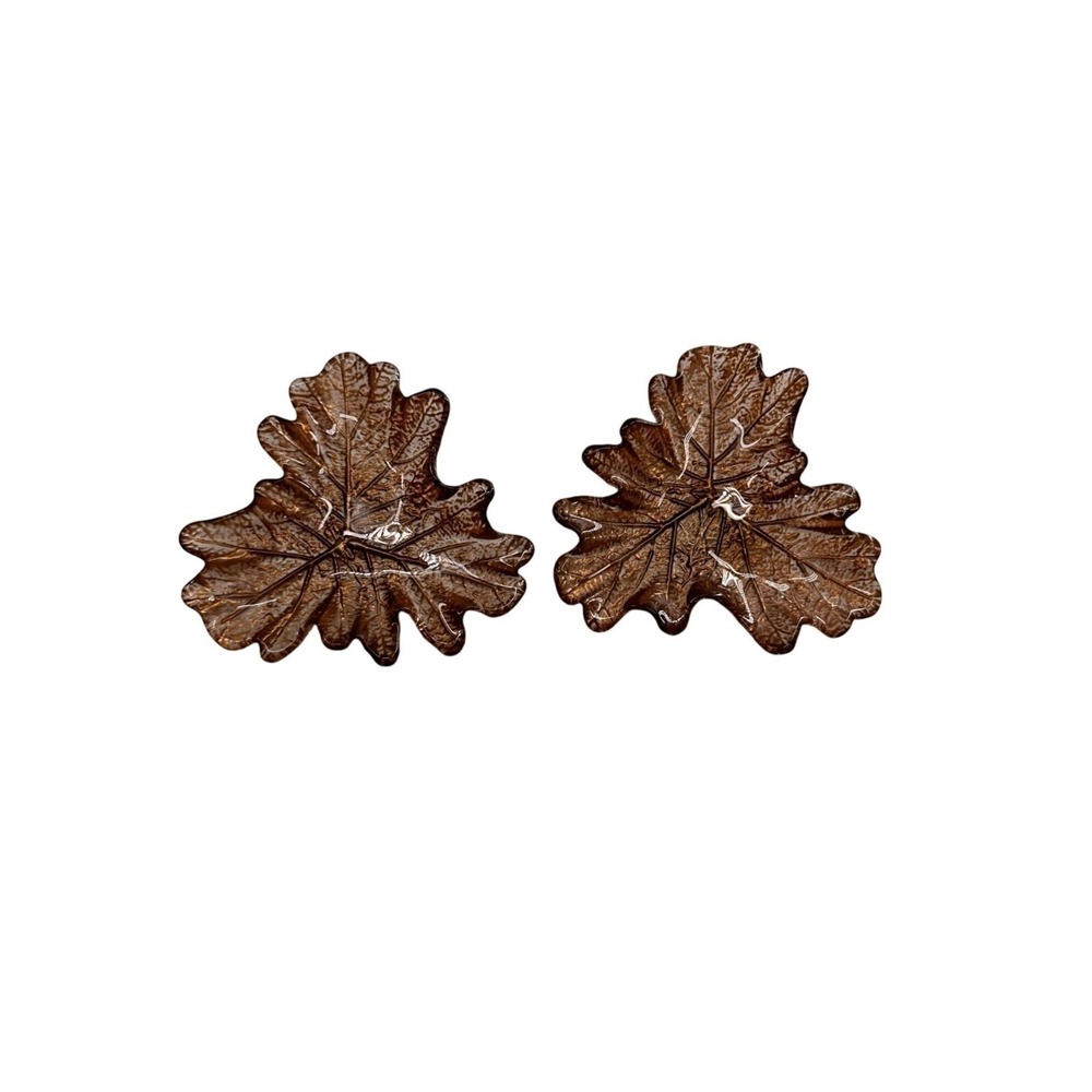 Set Of 2 Leaf-Shaped Brown Glass Decorative Plates amber dish trinket 7 inch